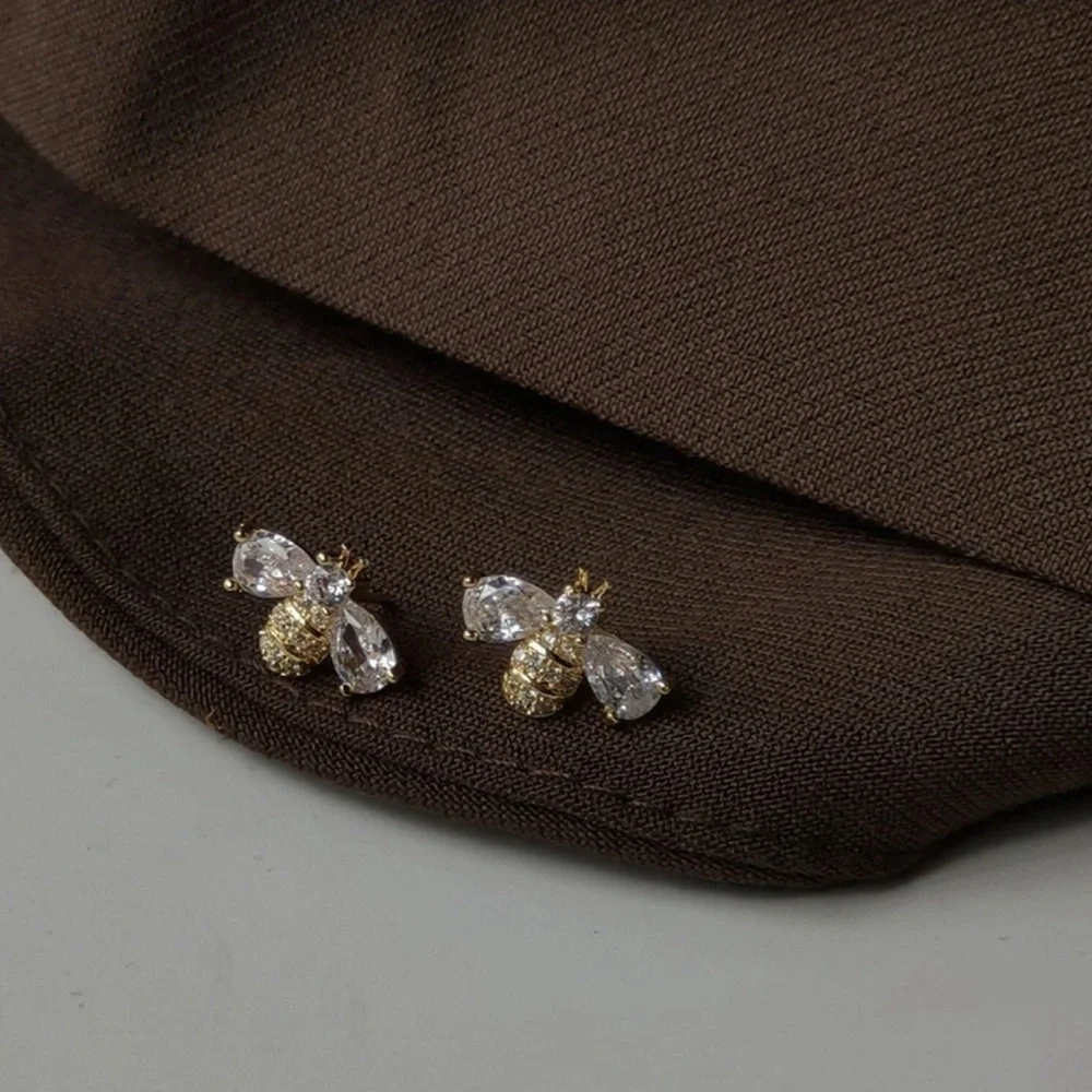 Rhodium and Gold Plated Bee With Natural Embedded Zircon Stud Earrings